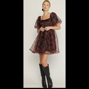 NWT Black & Red Floral Puffy Sleeve Mini Dress Sz S